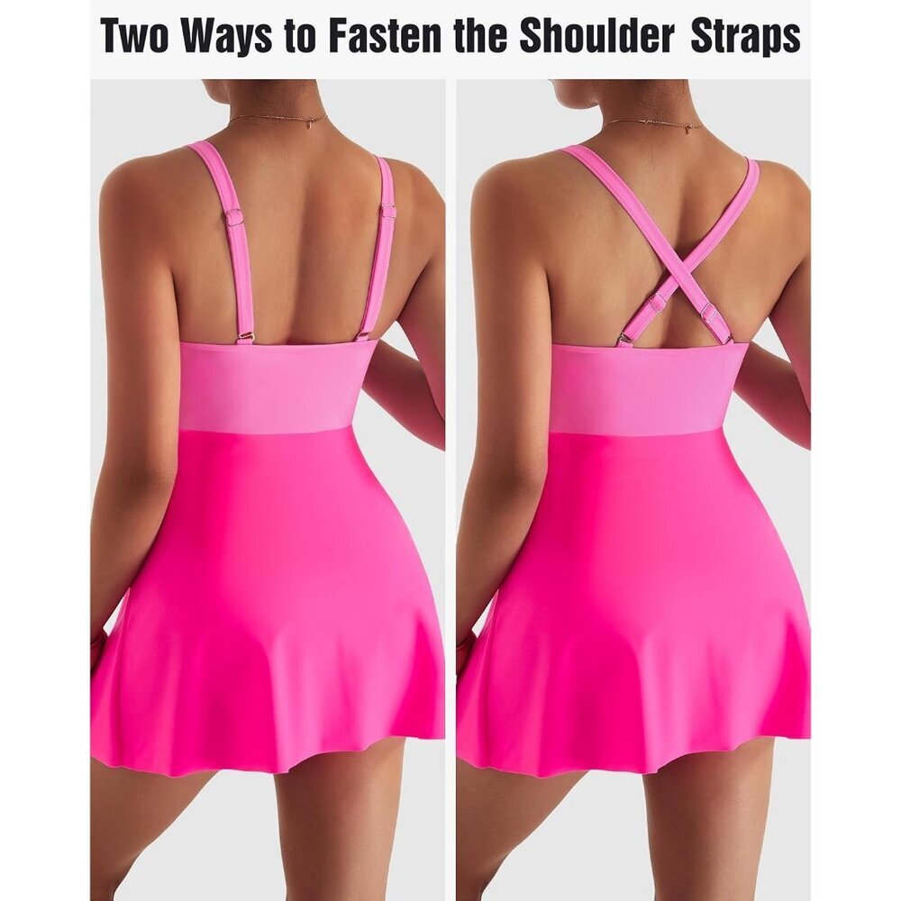 Women Pink Swim Dress Swimsuit Tummy Control Ruched Skirted Bathing Suit - Picture 4 of 8